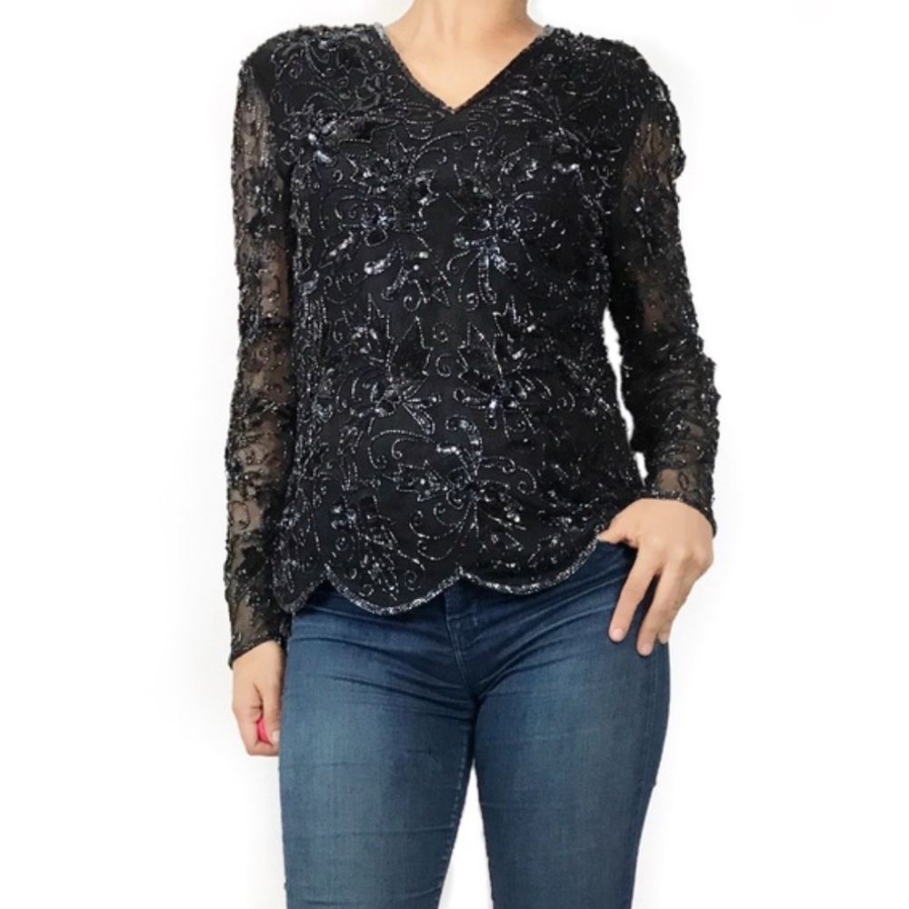 Stenay petite women’s black silk beaded top vintage PL L50-35